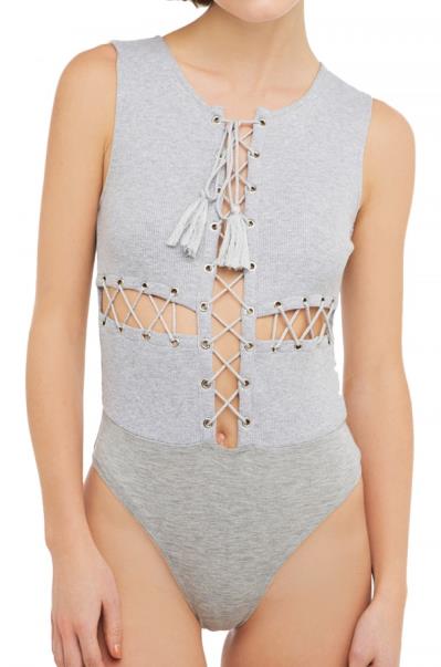 Gray lace up bodysuit