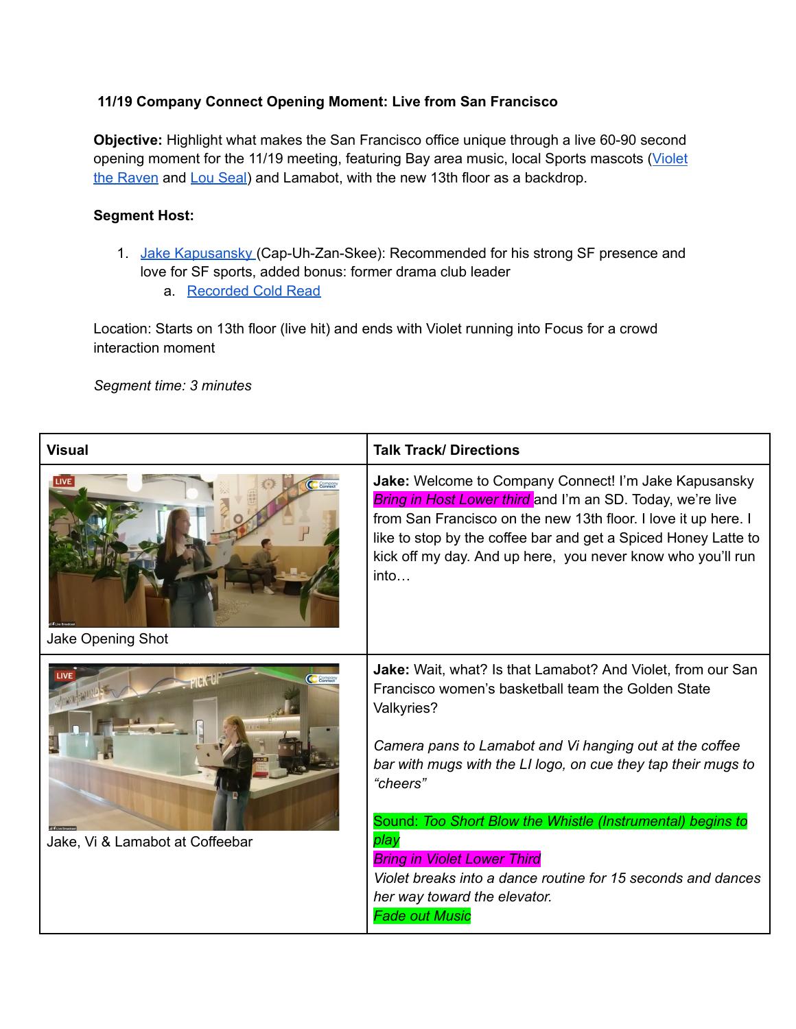 Original Company Connect production document with visual references and script directions